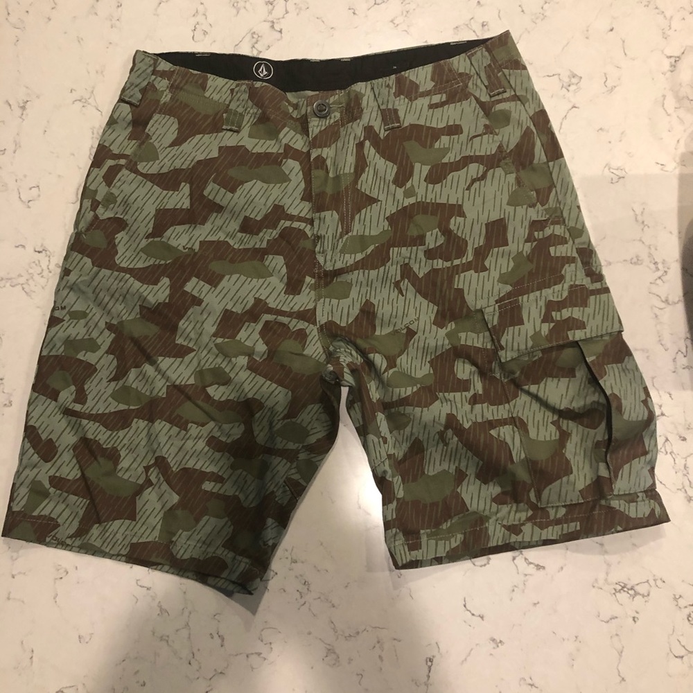 Volcom cargo shorts in geometric camo print